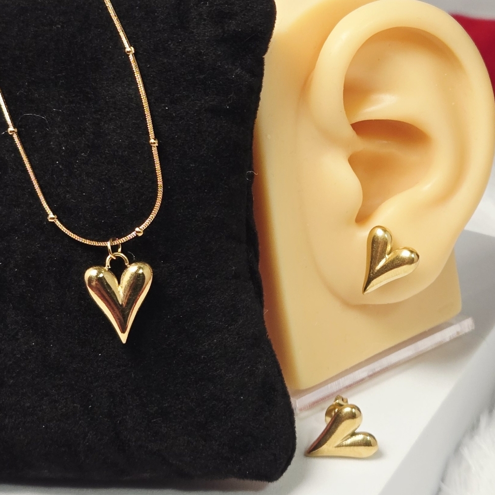Gold Puffed Heart Necklace & Earrings Set - 18K Gold Plated Stainless Steel